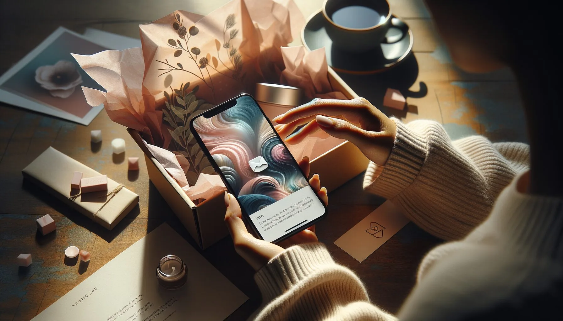 Customer engaging with a brand email while unboxing a premium product