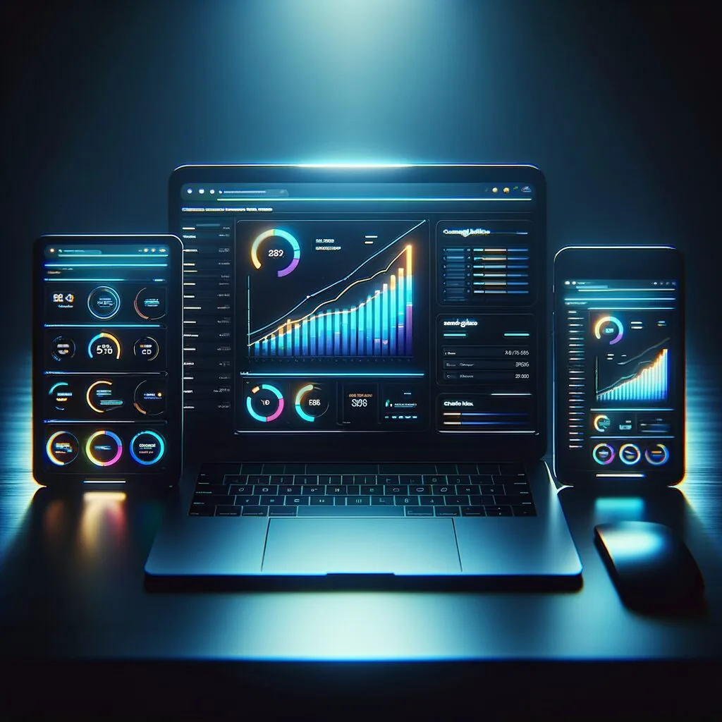 Multiple devices showing integrated marketing channels — ads, email, and analytics working together