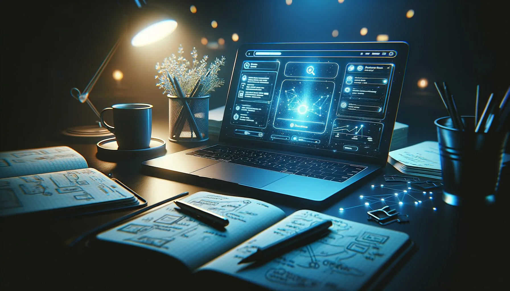 Laptop showing AI-powered search results with keyword strategy notes on desk