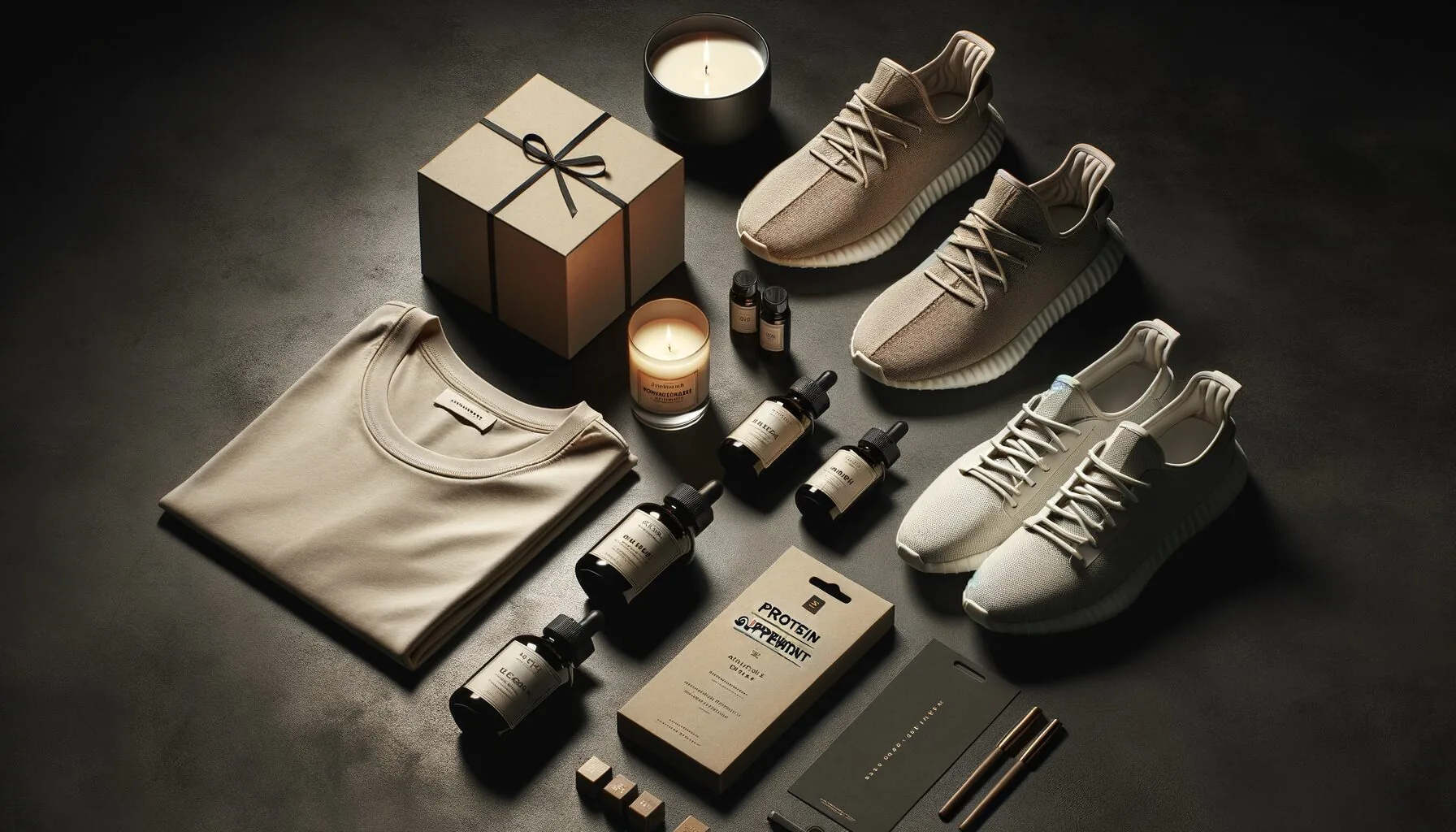 Editorial arrangement of e-commerce products across multiple verticals — skincare, supplements, apparel, and accessories