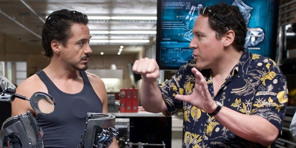 Director Jon Favreau and Robert Downey Jr on the set of Iron Man.